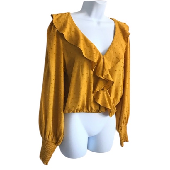 Lulus Women’s S Mustard Swiss Dot Ruffle Long Puff Sleeve Smocked Wrist Top EUC - Picture 13 of 16